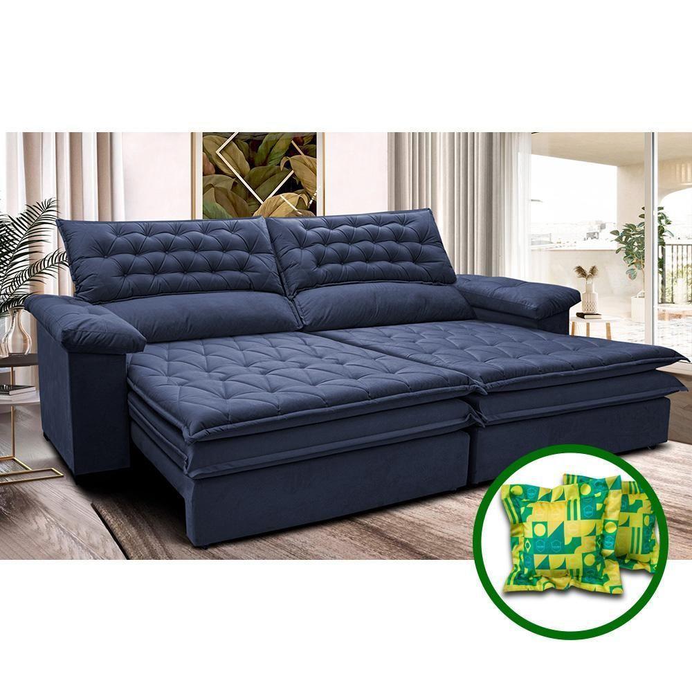 Sofá Retrátil E Reclinável 2,92m Molas Ensacadas Cama Inbox Alemanha De Viscoelástico Velusoft Azul - 1