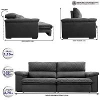 Sofá Retrátil E Reclinável 2,75m Molas Ensacadas Cama Inbox Big Home Com Bordado 3d Velusoft Cinza - 8