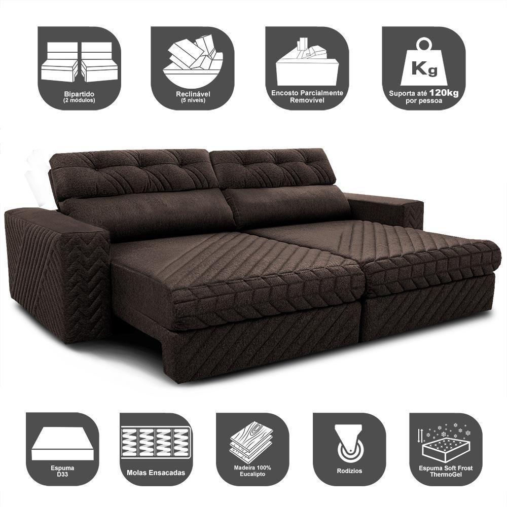 Sofá Retrátil E Reclinável 2,75m Molas Ensacadas Cama Inbox Style Thermo Gel Linho Marrom - 7