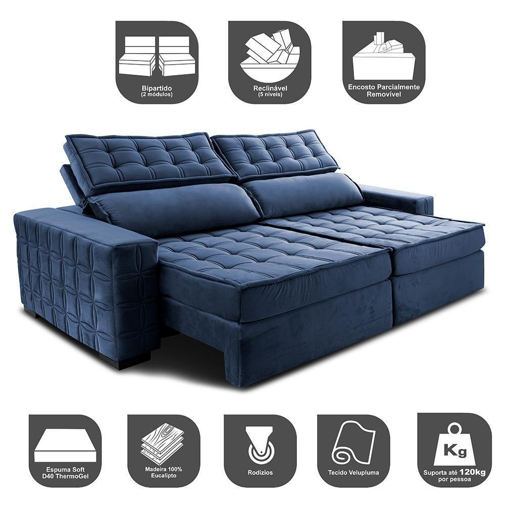 Sofá Retrátil E Reclinável 2,55M Cama Inbox Big Star Com Softgel D40 Velupluma Azul - 7