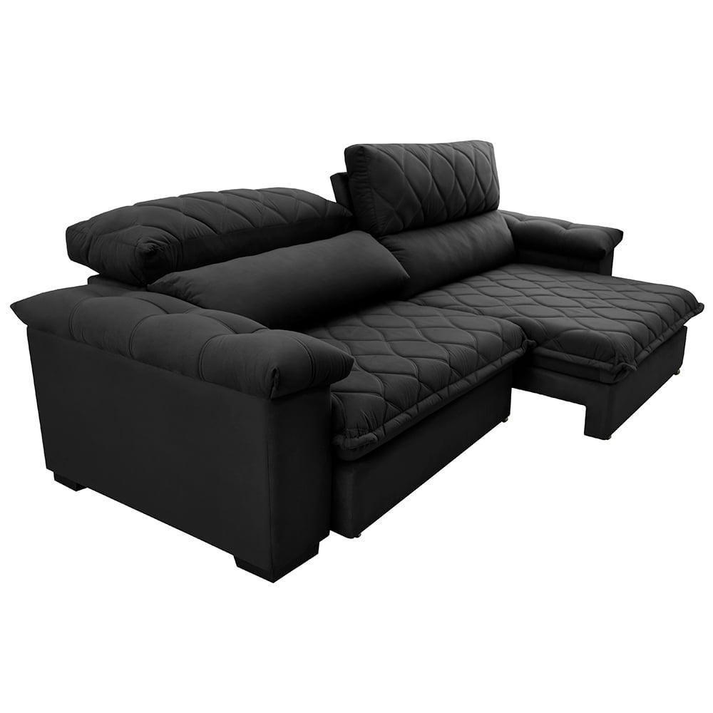 Sofá Retrátil E Reclinável 2,75m Molas Ensacadas Cama Inbox Big Home Com Bordado 3d Velusoft Preto - 2
