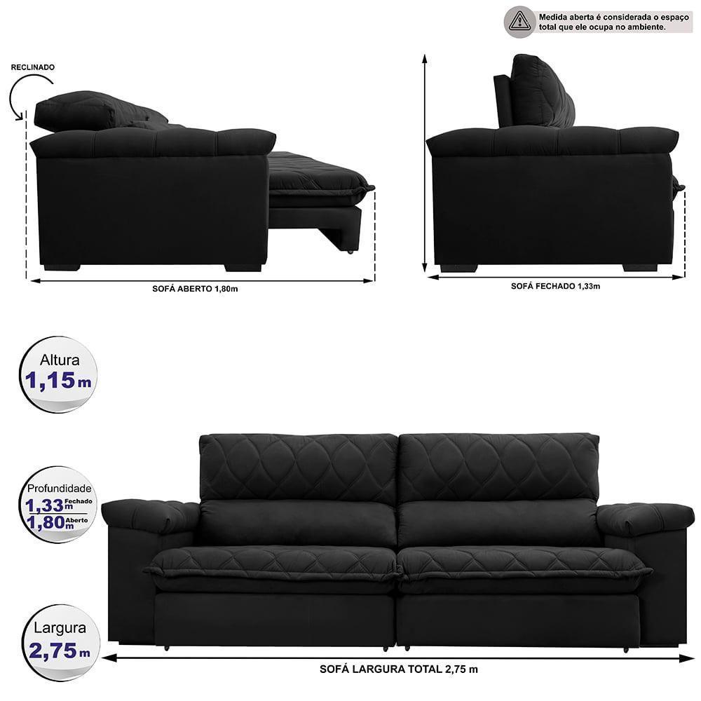 Sofá Retrátil E Reclinável 2,75m Molas Ensacadas Cama Inbox Big Home Com Bordado 3d Velusoft Preto - 8