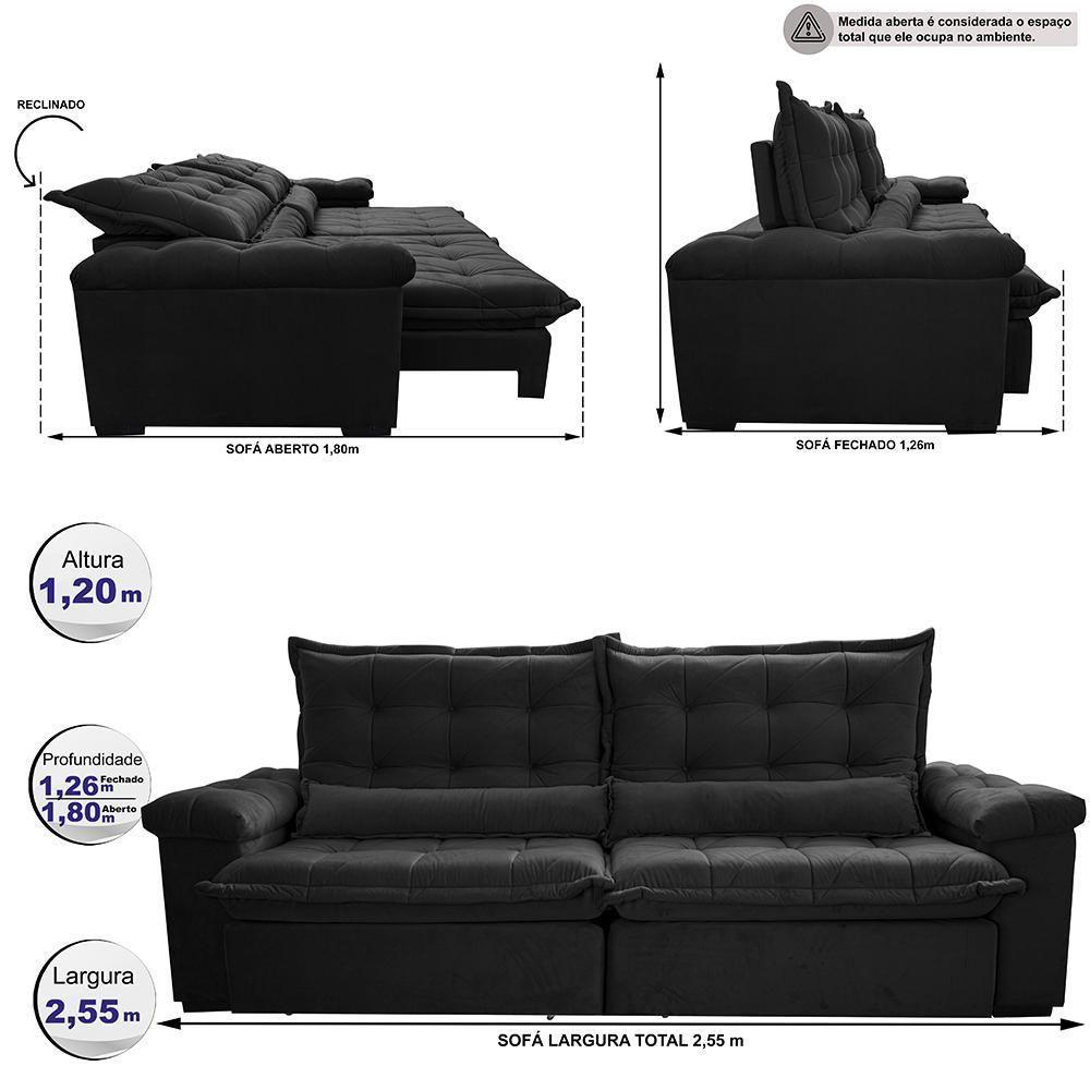 Sofá Retrátil E Reclinável 2,55M Cama Inbox Big Fresh Com Softgel D40 Velupluma Preto - 8