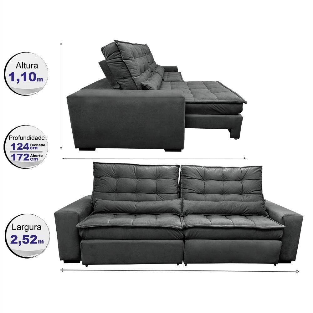 Sofá Retrátil E Reclinável 2,52m Molas Ensacadas Cama Inbox Catar Velusoft Cinza - 8