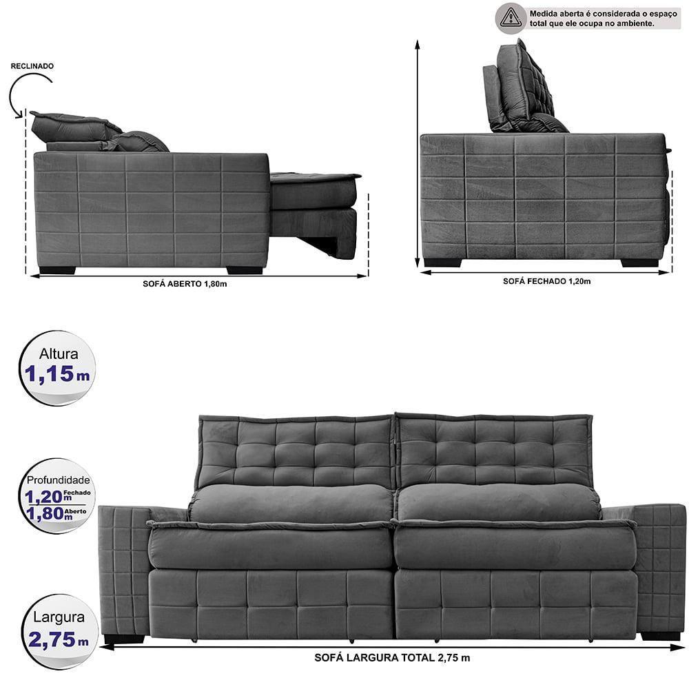 Sofá Retrátil E Reclinável 2,75M Cama Inbox Big Puffer Com Softgel D40 Velupluma Cinza - 8