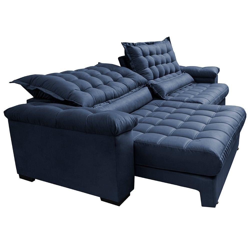 Sofá Retrátil E Reclinável 2,55m Molas Ensacadas Cama Inbox Big Space Com Bordado 3d Velusoft Azul - 3