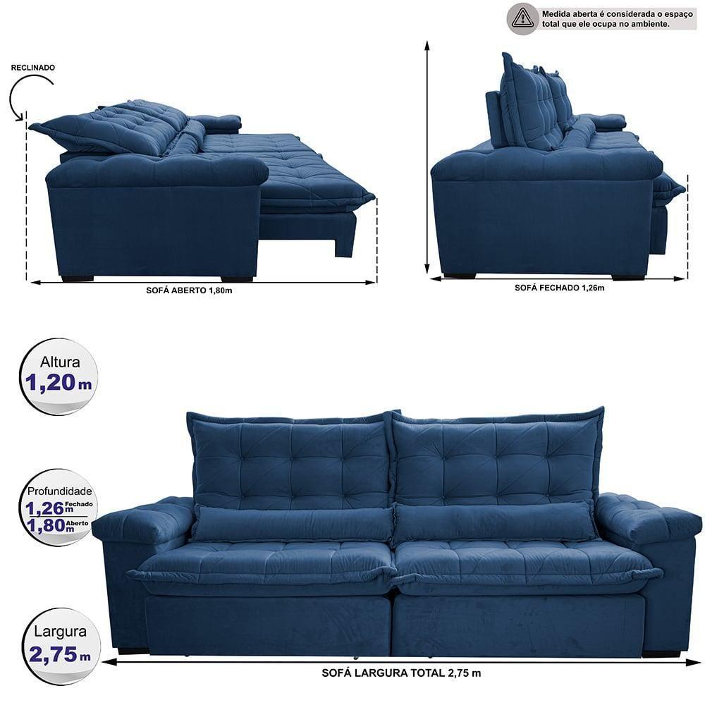 Sofá Retrátil E Reclinável 2,75M Cama Inbox Big Fresh Com Softgel D40 Velupluma Azul - 8