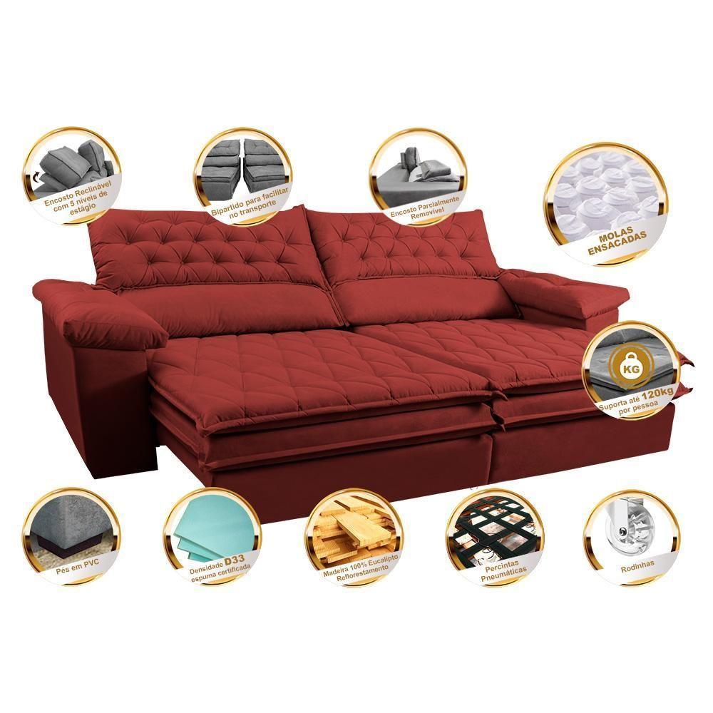 Sofá Retrátil E Reclinável 2,52m Molas Ensacadas Cama Inbox Alemanha Viscoelástico Velusoft Vermelho - 7