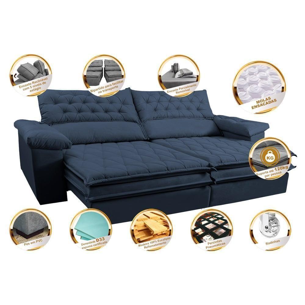 Sofá Retrátil E Reclinável 2,52m Molas Ensacadas Cama Inbox Alemanha De Viscoelástico Velusoft Azul - 7