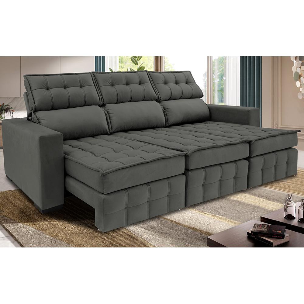 Sofá Retrátil E Reclinável 2,50m Molas Ensacadas E Costura Tripla Cama Inbox Nobre Suede Cinza - 1