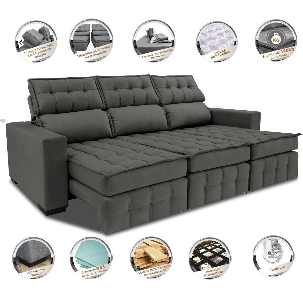Sofá Retrátil E Reclinável 2,50m Molas Ensacadas E Costura Tripla Cama Inbox Nobre Suede Cinza - 7