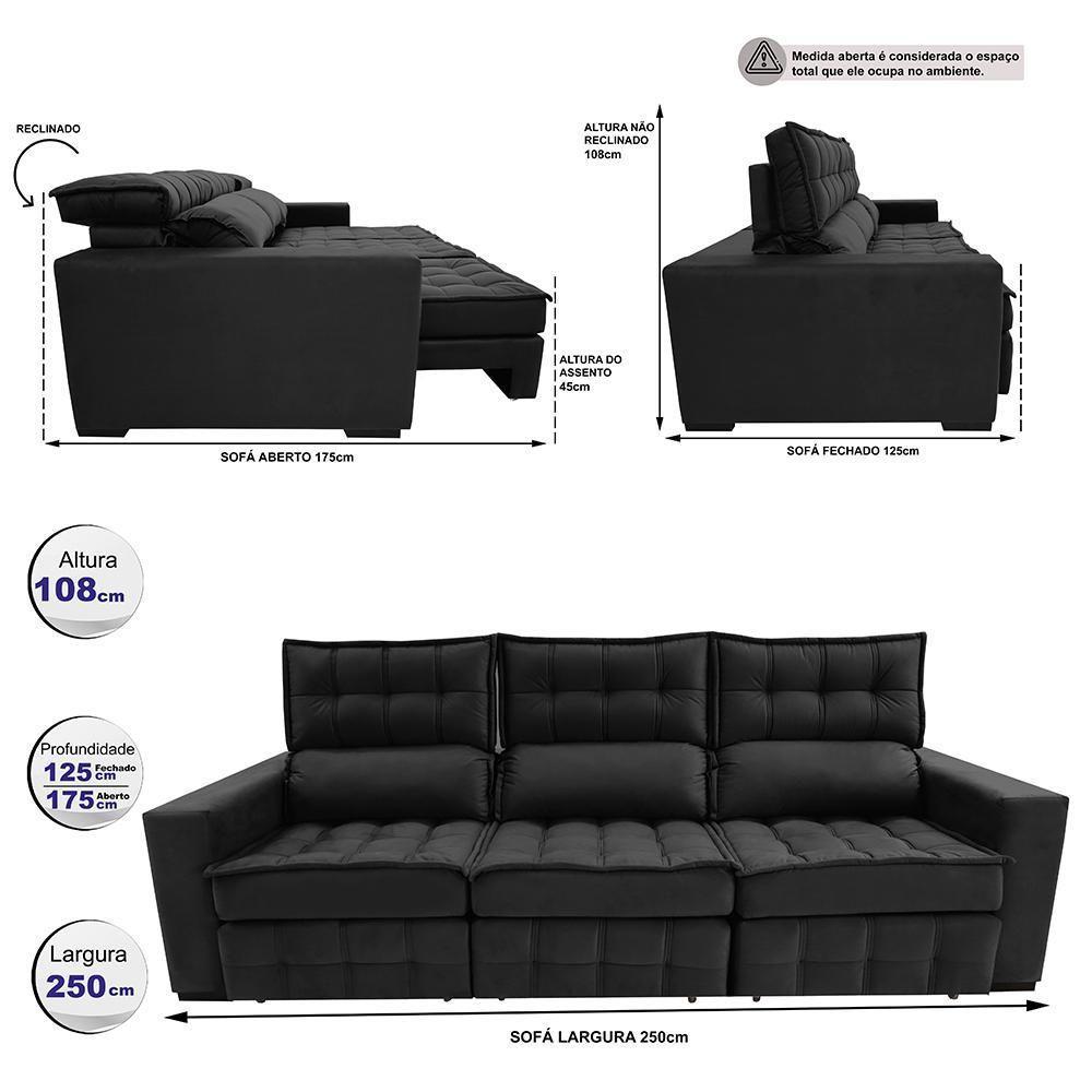 Sofá Retrátil E Reclinável 2,50m Molas Ensacadas E Costura Tripla Cama Inbox Nobre Suede Preto - 8