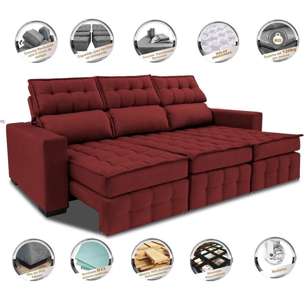 Sofá Retrátil E Reclinável 2,50m Molas Ensacadas E Costura Tripla Cama Inbox Nobre Suede Vermelho - 7