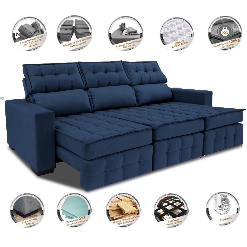 Sofá Retrátil E Reclinável 2,50m Molas Ensacadas E Costura Tripla Cama Inbox Nobre Suede Azul - 7