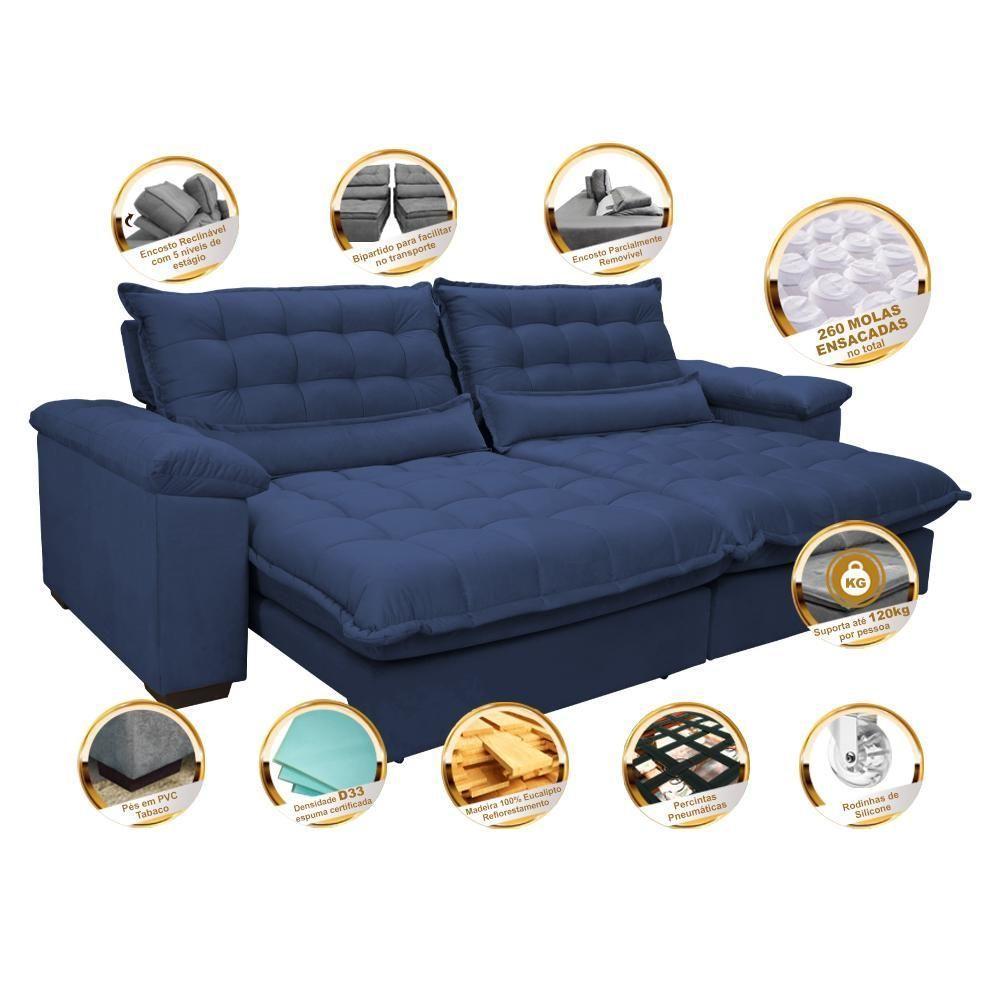 Sofá Retrátil E Reclinável 2,52m Com Molas Ensacadas Cama Inbox Aconchego Tecido Suede Azul - 7