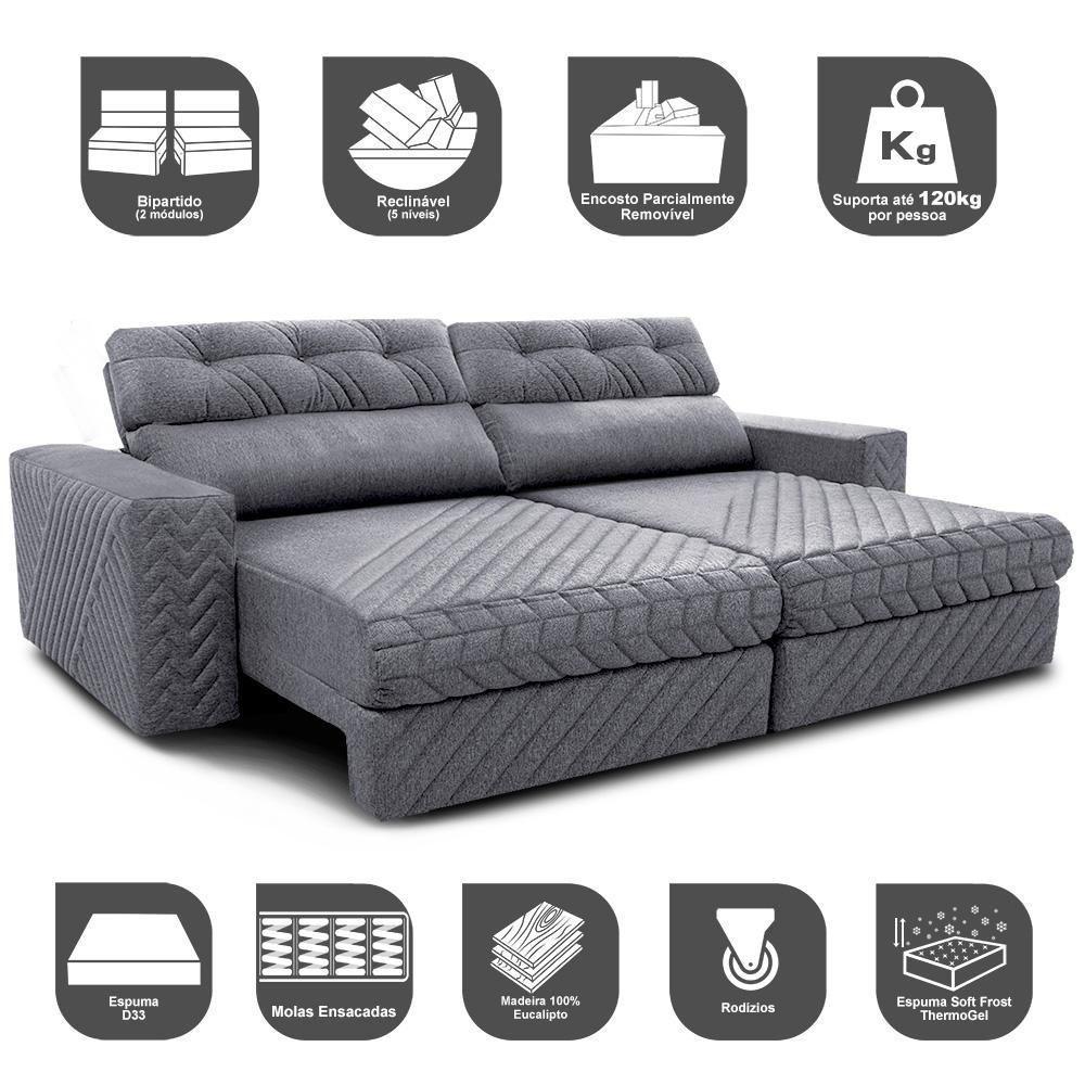 Sofá Retrátil E Reclinável 2,35m Molas Ensacadas Cama Inbox Style Thermo Gel Linho Cinza Claro - 7
