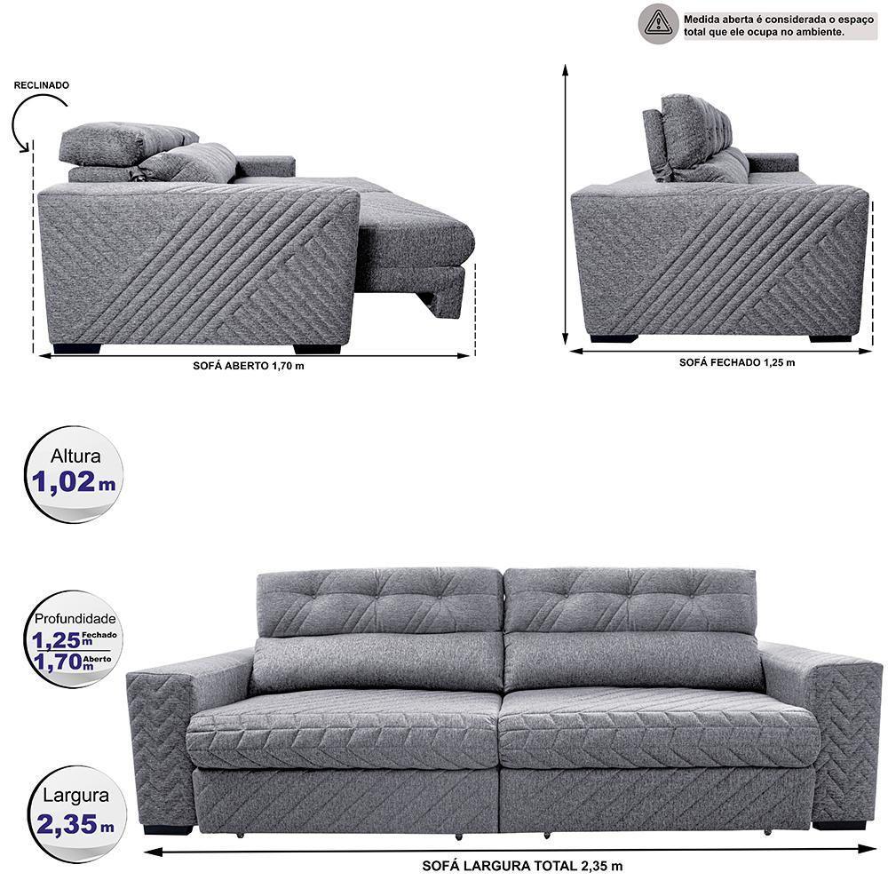 Sofá Retrátil E Reclinável 2,35m Molas Ensacadas Cama Inbox Style Thermo Gel Linho Cinza Claro - 8