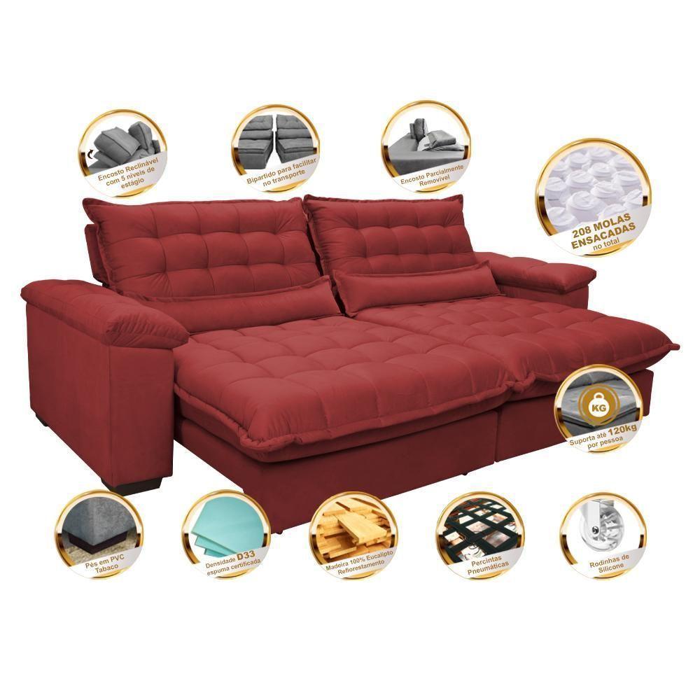 Sofá Retrátil E Reclinável 2,32m Com Molas Ensacadas Cama Inbox Aconchego Tecido Suede Vermelho - 7