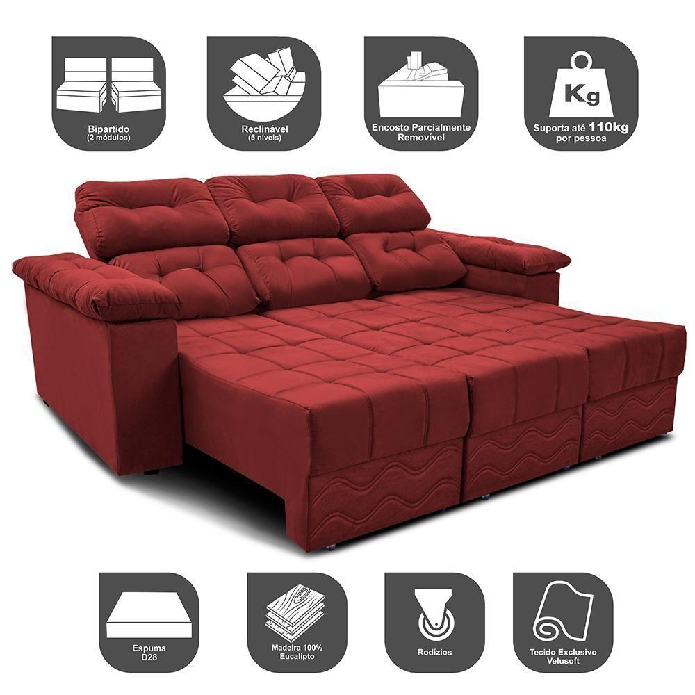 Sofa Itália 2,00 Mts Retrátil E Reclinavel Tecido Suede Vermelho - Cama Inbox - 7