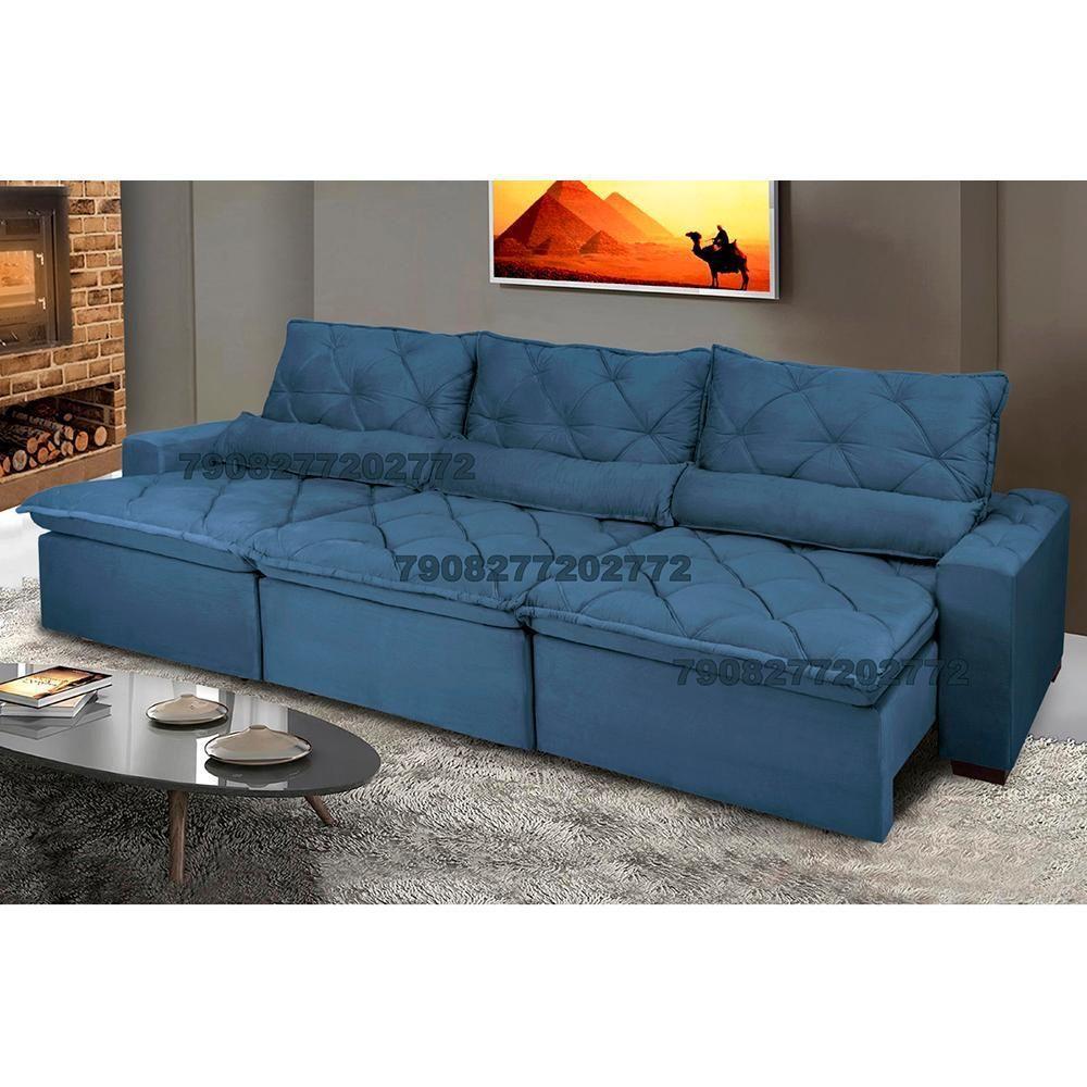 Sofá Lisboa 4,12m Retrátil, Reclinável Com Molas No Assento E Almofadas Lombar Tecido Suede Azul - 1