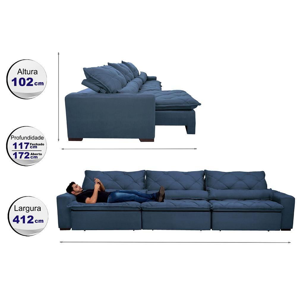 Sofá Lisboa 4,12m Retrátil, Reclinável Com Molas No Assento E Almofadas Lombar Tecido Suede Azul - 8