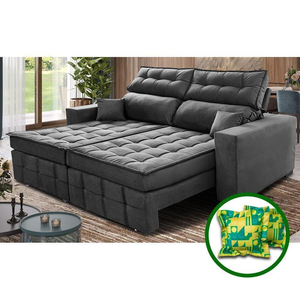 Sofá Retrátil E Reclinável 2,20m Molas Ensacadas E Costura Tripla Cama Inbox Japão Velusoft Cinza - 1