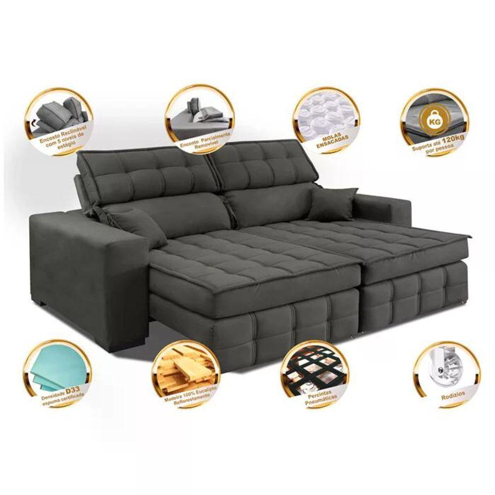 Sofá Retrátil E Reclinável 2,20m Molas Ensacadas E Costura Tripla Cama Inbox Japão Velusoft Cinza - 7