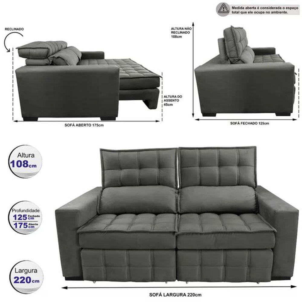 Sofá Retrátil E Reclinável 2,20m Molas Ensacadas E Costura Tripla Cama Inbox Japão Velusoft Cinza - 8