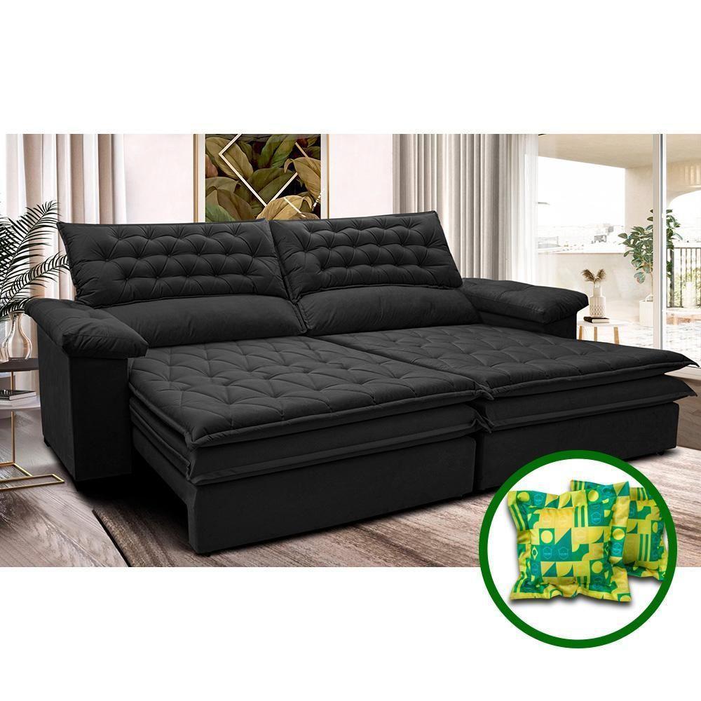 Sofá Retrátil E Reclinável 2,32m Molas Ensacadas Cama Inbox Alemanha De Viscoelástico Velusoft Preto - 1