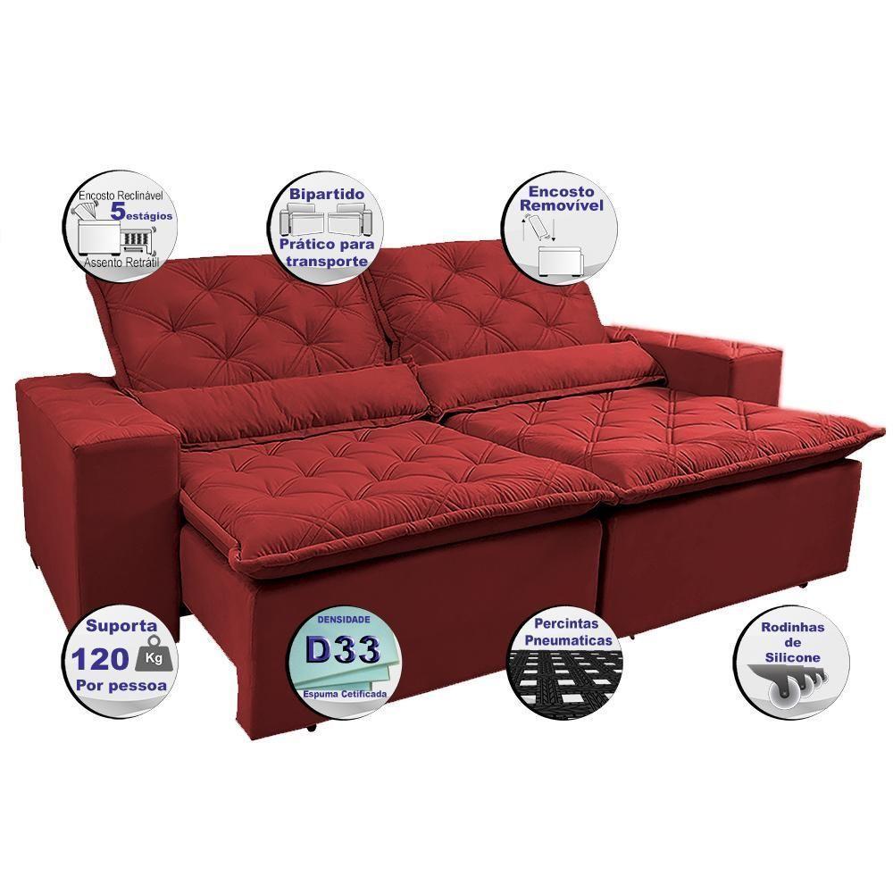 Sofá Lisboa 2,52m Retrátil, Reclinável, Molas No Assento Tecido Suede Velusoft Vermelho - Cama Inbox - 7
