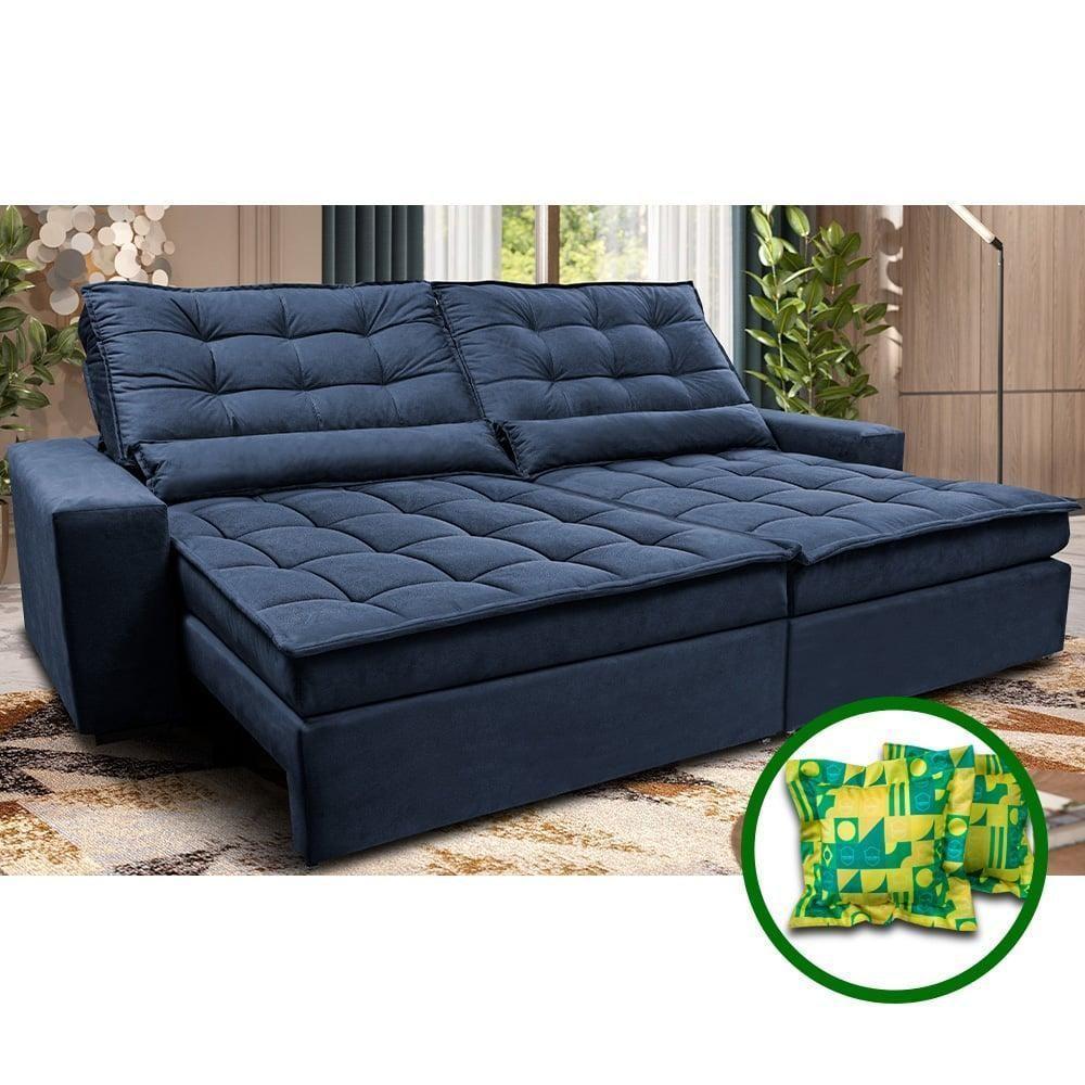 Sofá Retrátil E Reclinável 2,32m Molas Ensacadas Cama Inbox Catar Velusoft Azul - 1