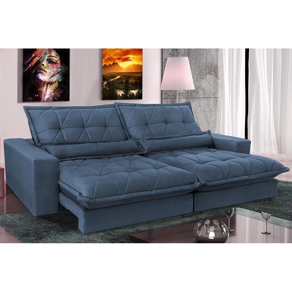 Sofa Retrátil E Reclinável 2,12m Com Molas Ensacadas Cama Inbox Soft Tecido Suede Azul - 1