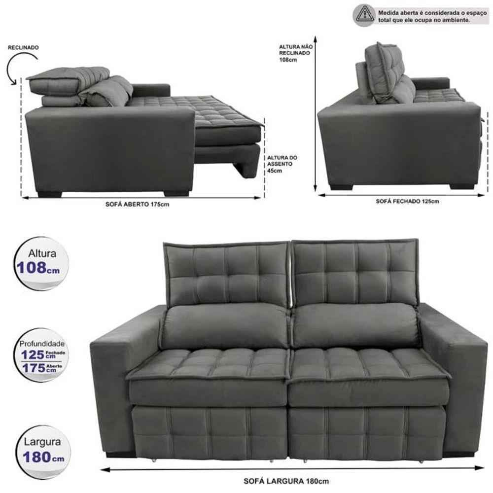 Sofá Retrátil E Reclinável 1,80m Molas Ensacadas E Costura Tripla Cama Inbox Japão Velusoft Cinza - 7