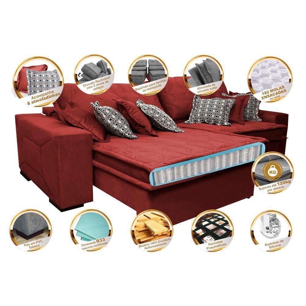 Sofá Retrátil E Reclinável 2,12m Com Molas Ensacadas Cama Inbox Supreme Tecido Velusoft Vermelho - 7