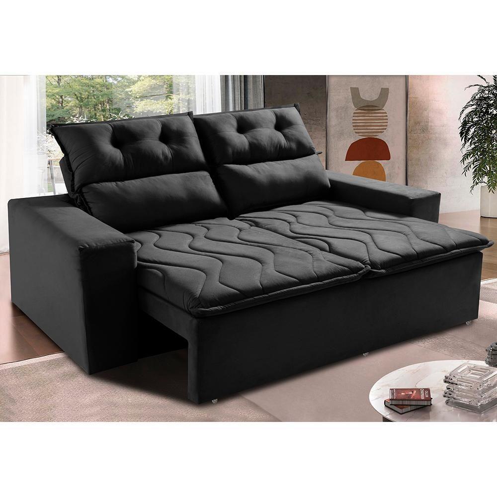 Sofá Retrátil E Reclinável 1,50m Cama Inbox Smal Com Bordado Pantográfico Suede Preto - 1
