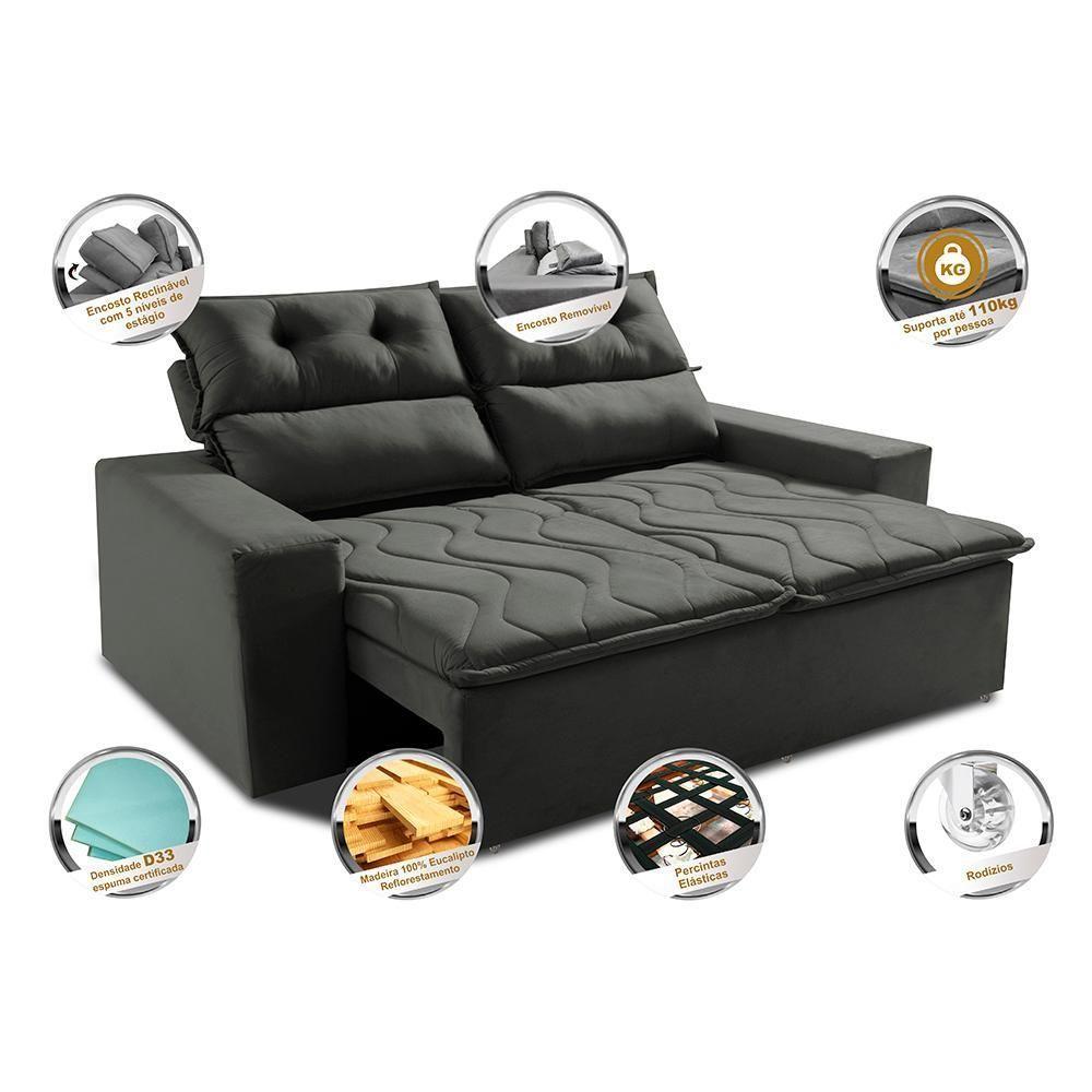 Sofá Retrátil E Reclinável 1,50m Cama Inbox Smal Com Bordado Pantográfico Suede Cinza - 7
