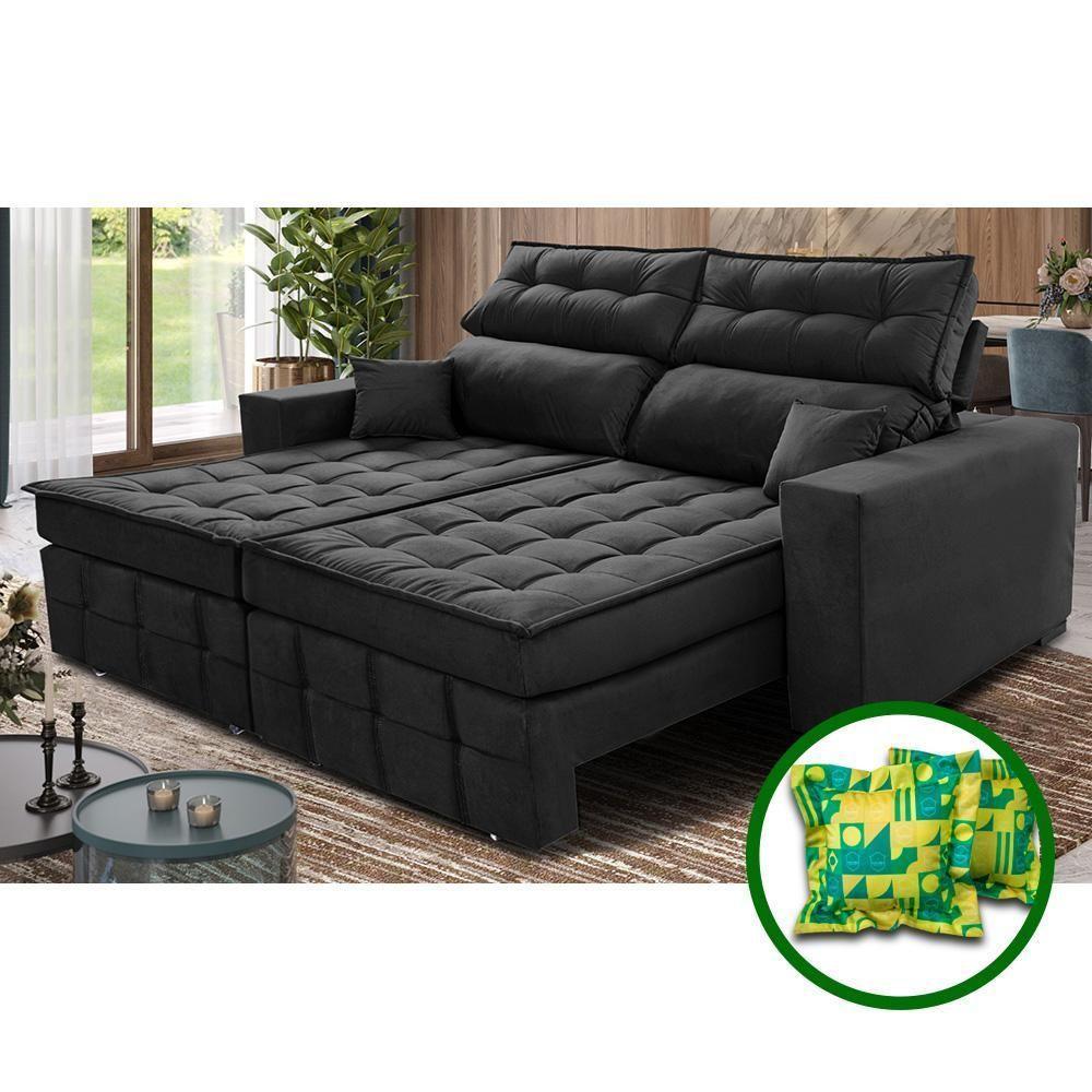 Sofá Retrátil E Reclinável 2,20m Molas Ensacadas E Costura Tripla Cama Inbox Japão Velusoft Preto - 1