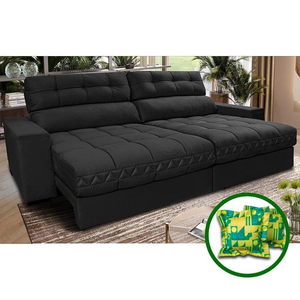 Sofá Retrátil E Reclinável 2,12m Molas Ensacadas Cama Inbox Brasil Velusoft Preto - 1