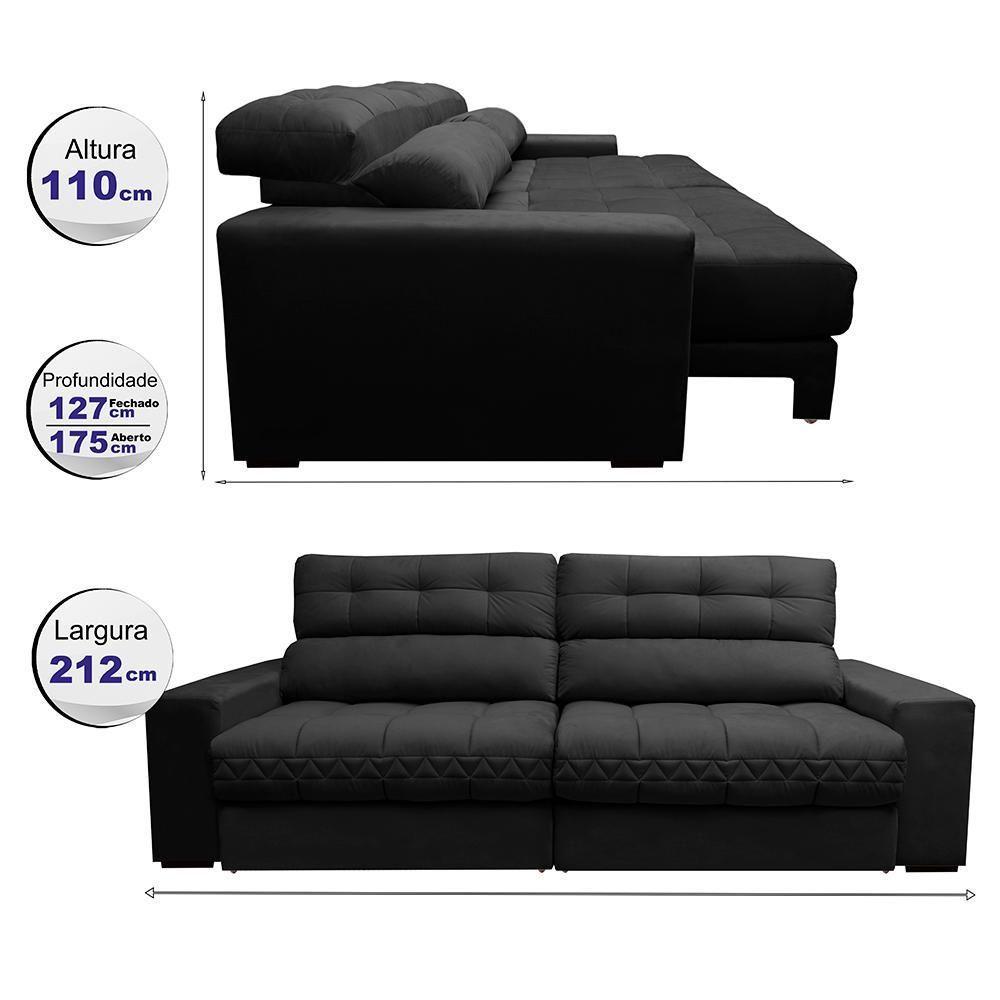 Sofá Retrátil E Reclinável 2,12m Molas Ensacadas Cama Inbox Brasil Velusoft Preto - 8