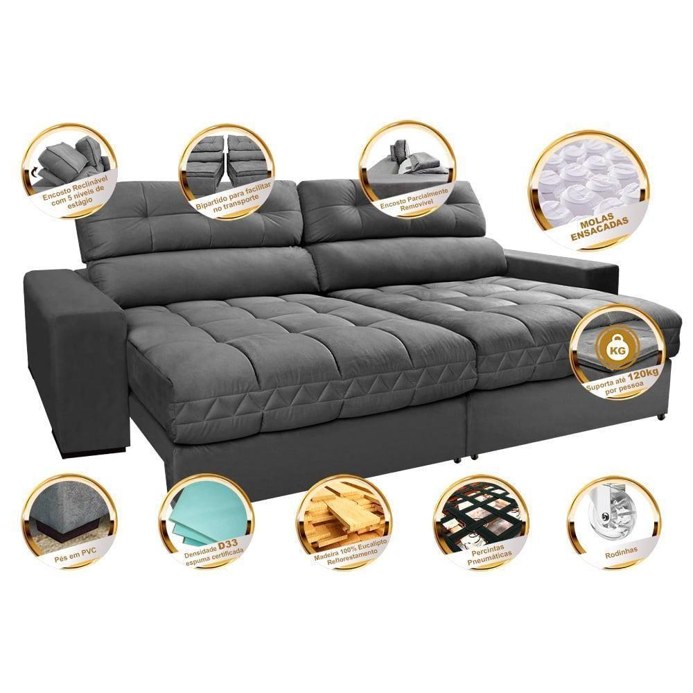Sofá Retrátil E Reclinável 2,12m Molas Ensacadas Cama Inbox Brasil Velusoft Cinza - 7
