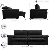 Sofá Retrátil E Reclinável 2,15m Molas Ensacadas Cama Inbox Big Home Com Bordado 3d Velusoft Preto - 8