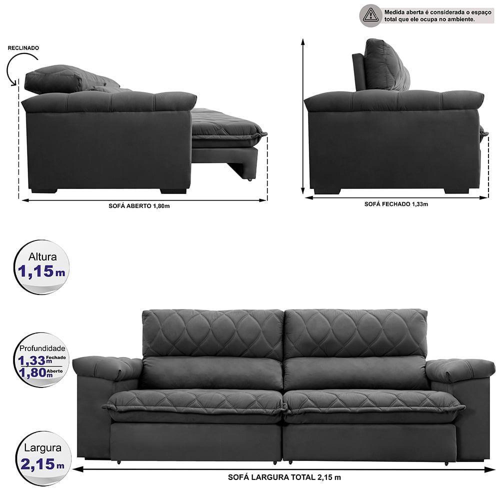 Sofá Retrátil E Reclinável 2,15m Molas Ensacadas Cama Inbox Big Home Com Bordado 3d Velusoft Cinza - 8