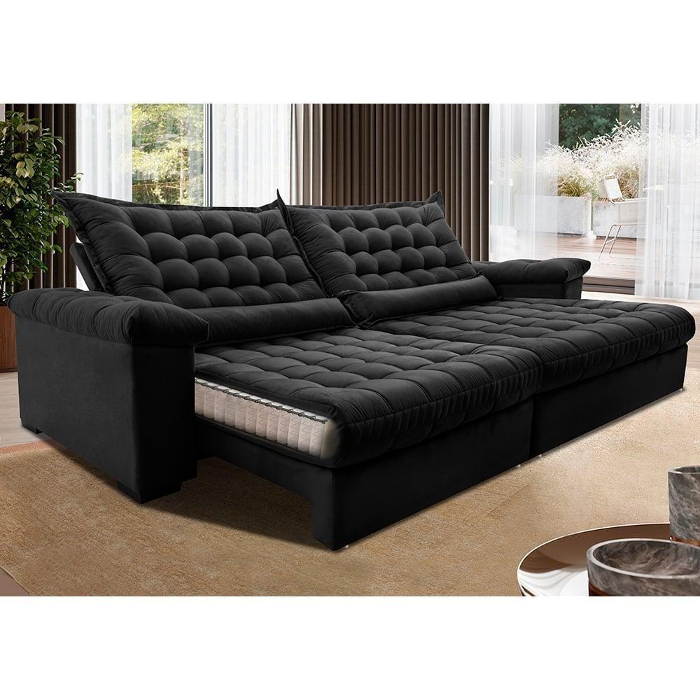 Sofá Retrátil E Reclinável 2,15m Molas Ensacadas Cama Inbox Big Space Com Bordado 3d Velusoft Preto - 1