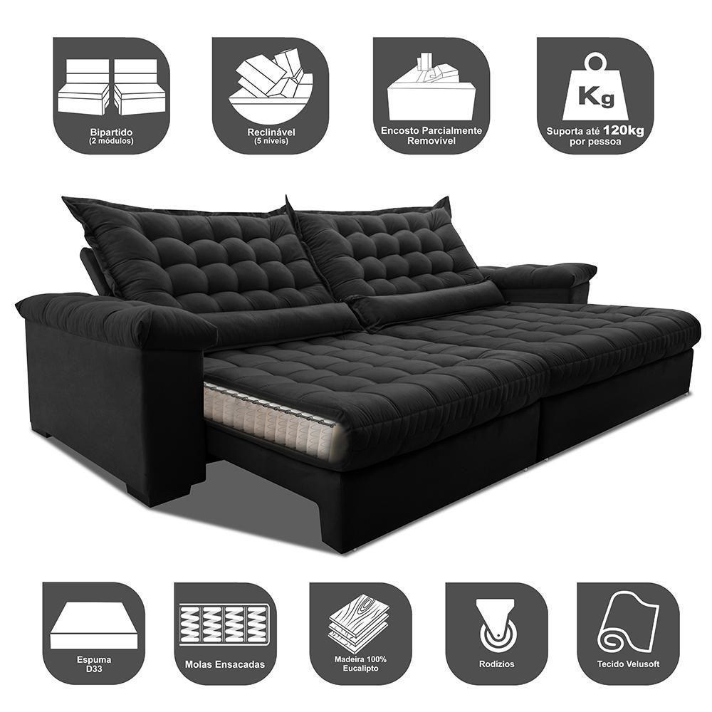 Sofá Retrátil E Reclinável 2,15m Molas Ensacadas Cama Inbox Big Space Com Bordado 3d Velusoft Preto - 7