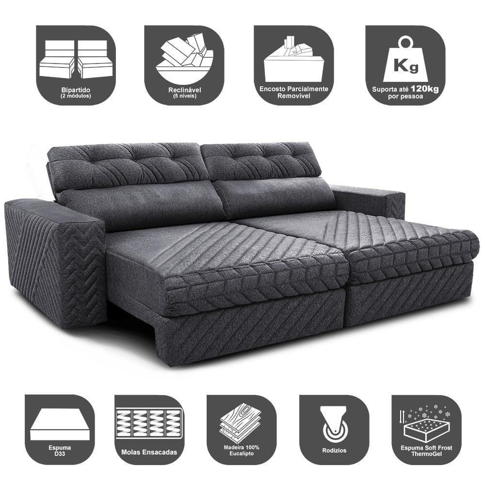 Sofá Retrátil E Reclinável 2,15m Molas Ensacadas Cama Inbox Style Thermo Gel Linho Cinza Escuro - 7