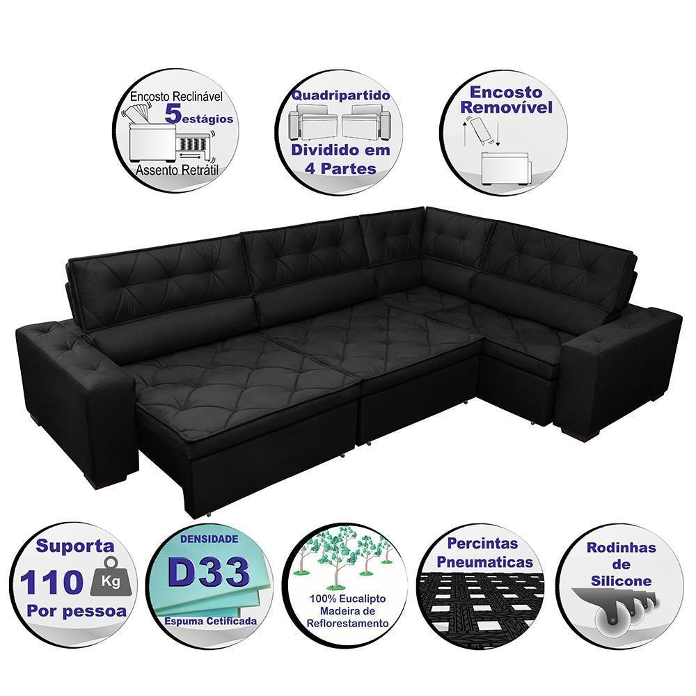 Sofá De Canto Retrátil, Reclinável, Molas Cama Inbox Austin 3,85x2,64 Ou 2,64x3,85 Suede Preto - 7