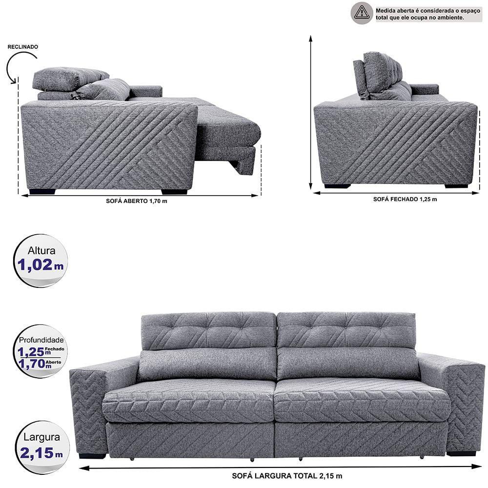 Sofá Retrátil E Reclinável 2,15m Molas Ensacadas Cama Inbox Style Thermo Gel Linho Cinza Claro - 7