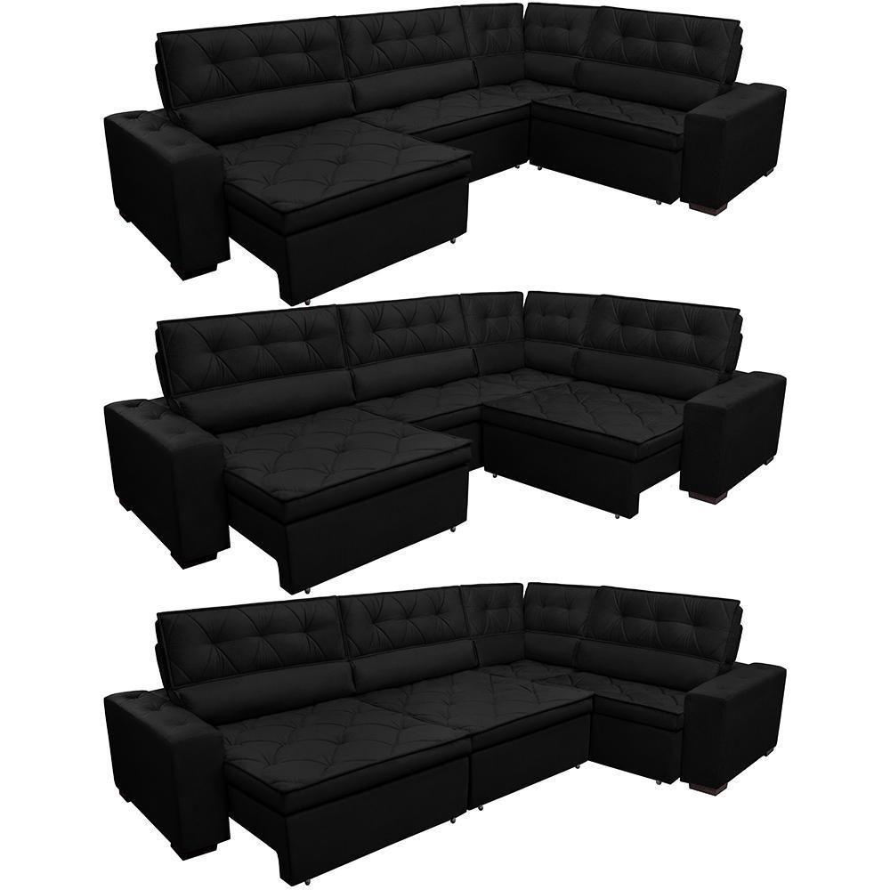 Sofá De Canto Retrátil, Reclinável, Molas Cama Inbox Austin 3,45x2,44 Ou 2,44x3,45 Suede Preto - 3