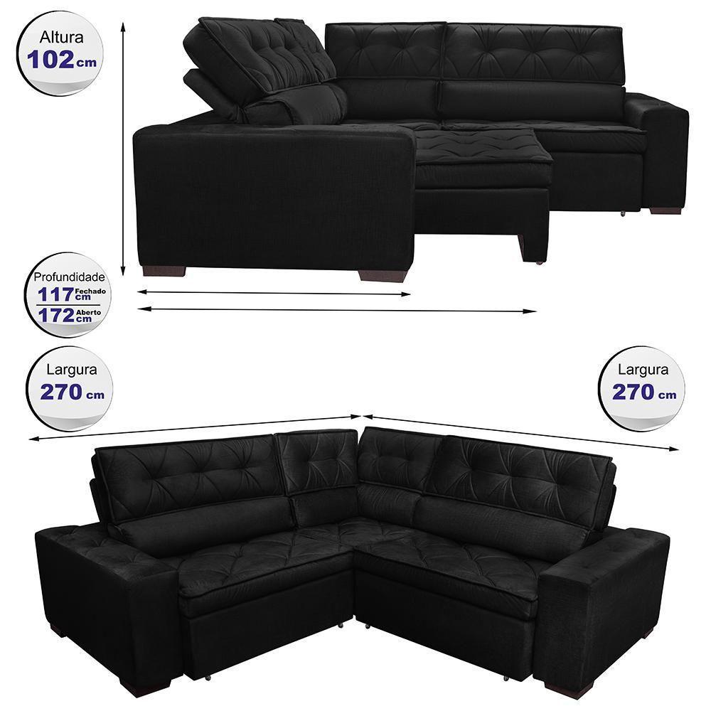 Sofá De Canto Retrátil, Reclinável, Molas Cama Inbox Austin 2,70m X 2,70m Suede Velusoft Preto - 7