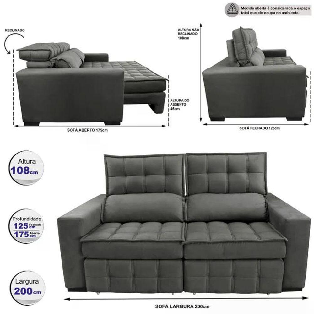 Sofá Retrátil E Reclinável 2,00m Molas Ensacadas E Costura Tripla Cama Inbox Japão Velusoft Cinza - 8
